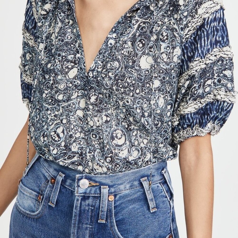 Ulla Johnson Navy and White Printed Puff-Sleeve Blouse